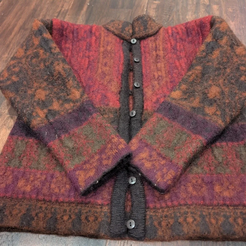 Vintage Felted Wool Cardigan Sweater Red Brown Thick Women's XS Button Front 80s - Picture 5 of 9
